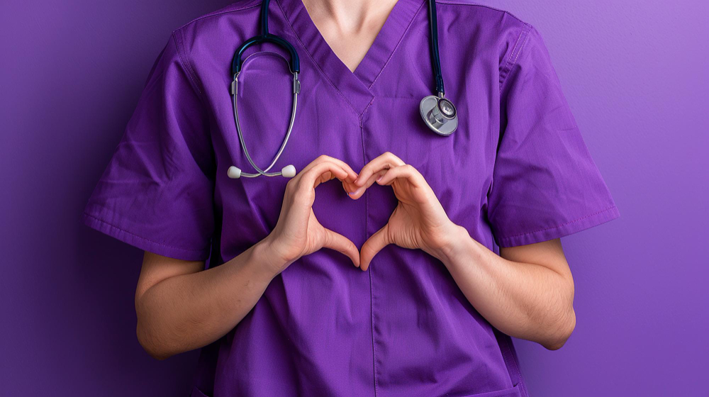 Care professional in purple clothing