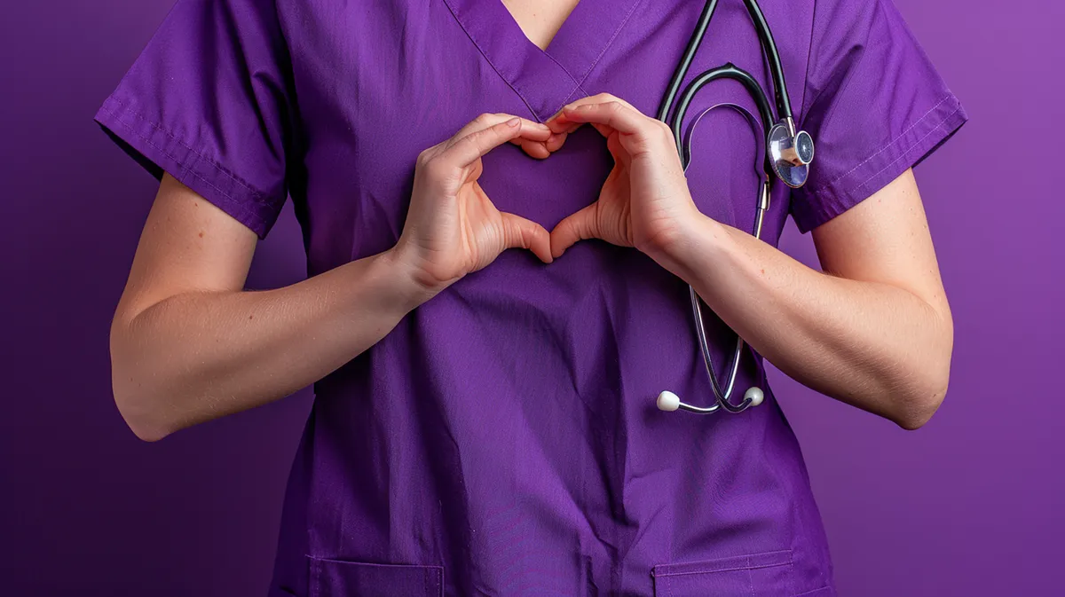 Pflegefachperson in violetter Kleidung